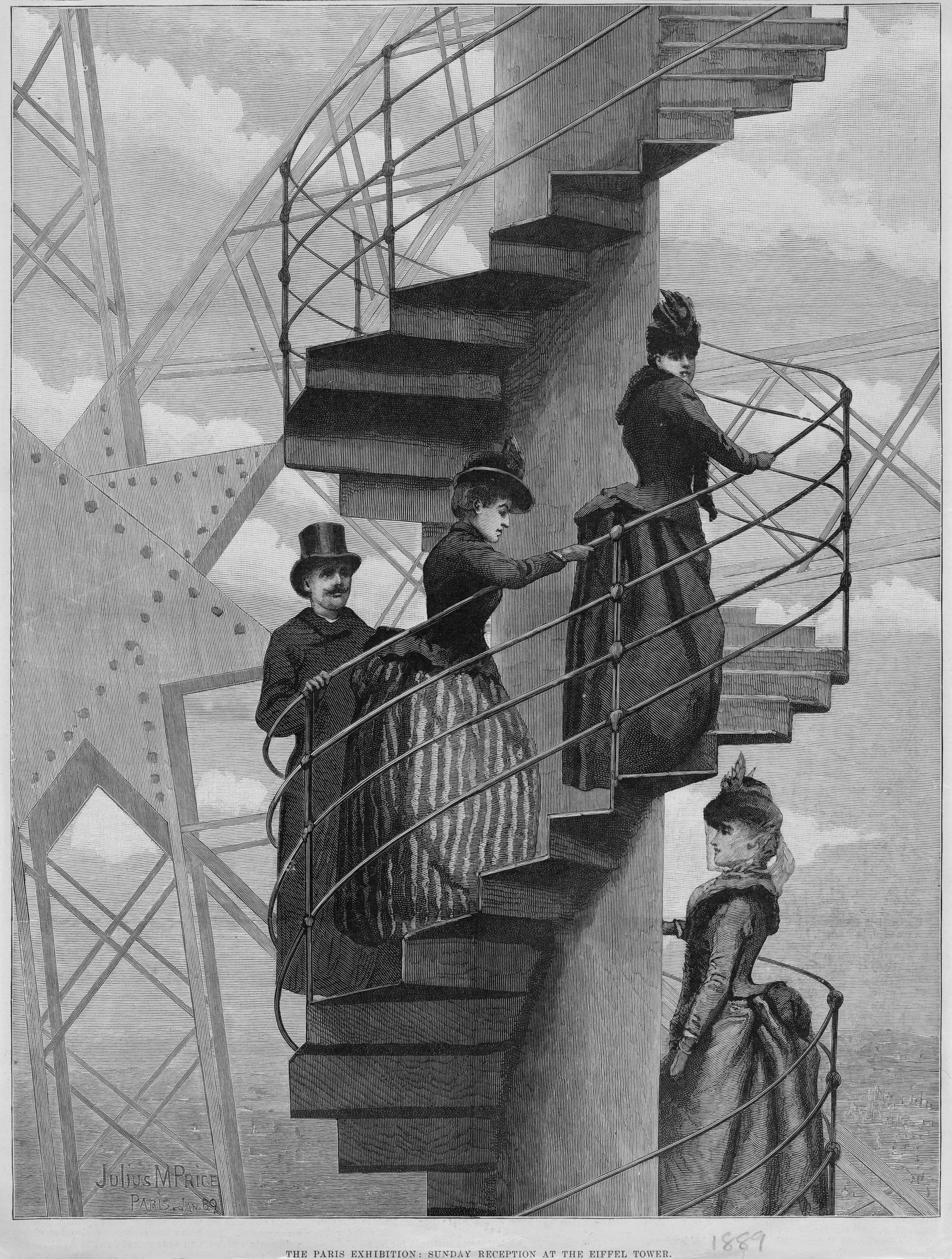 Gravure reprsentant un groupe de visiteurs gravissant l'escalier en colimaçon de la tour Eiffel lors de l'Exposition...