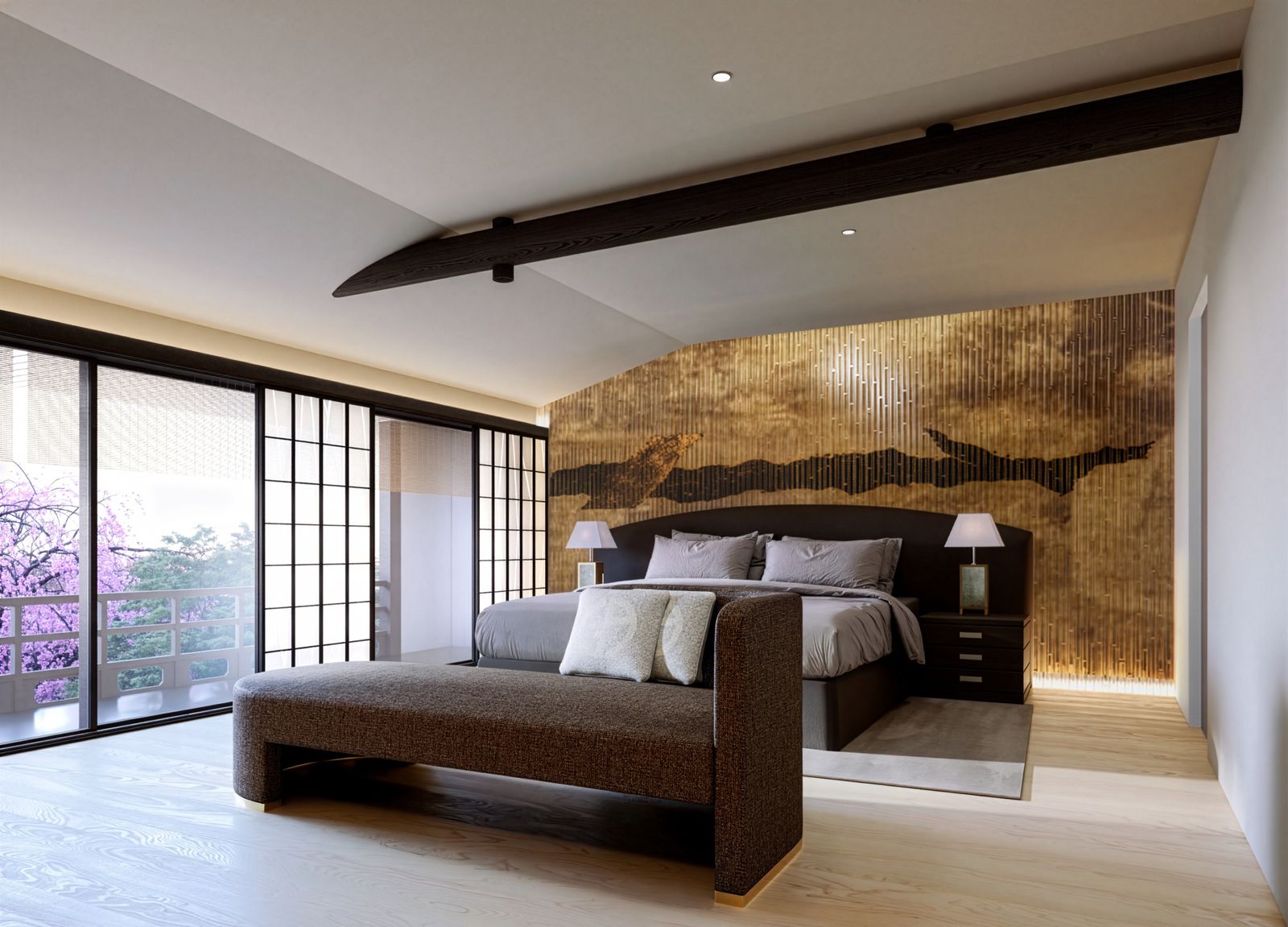 La chambre principale dont l'aménagement a été pensé par Armani/Casa.